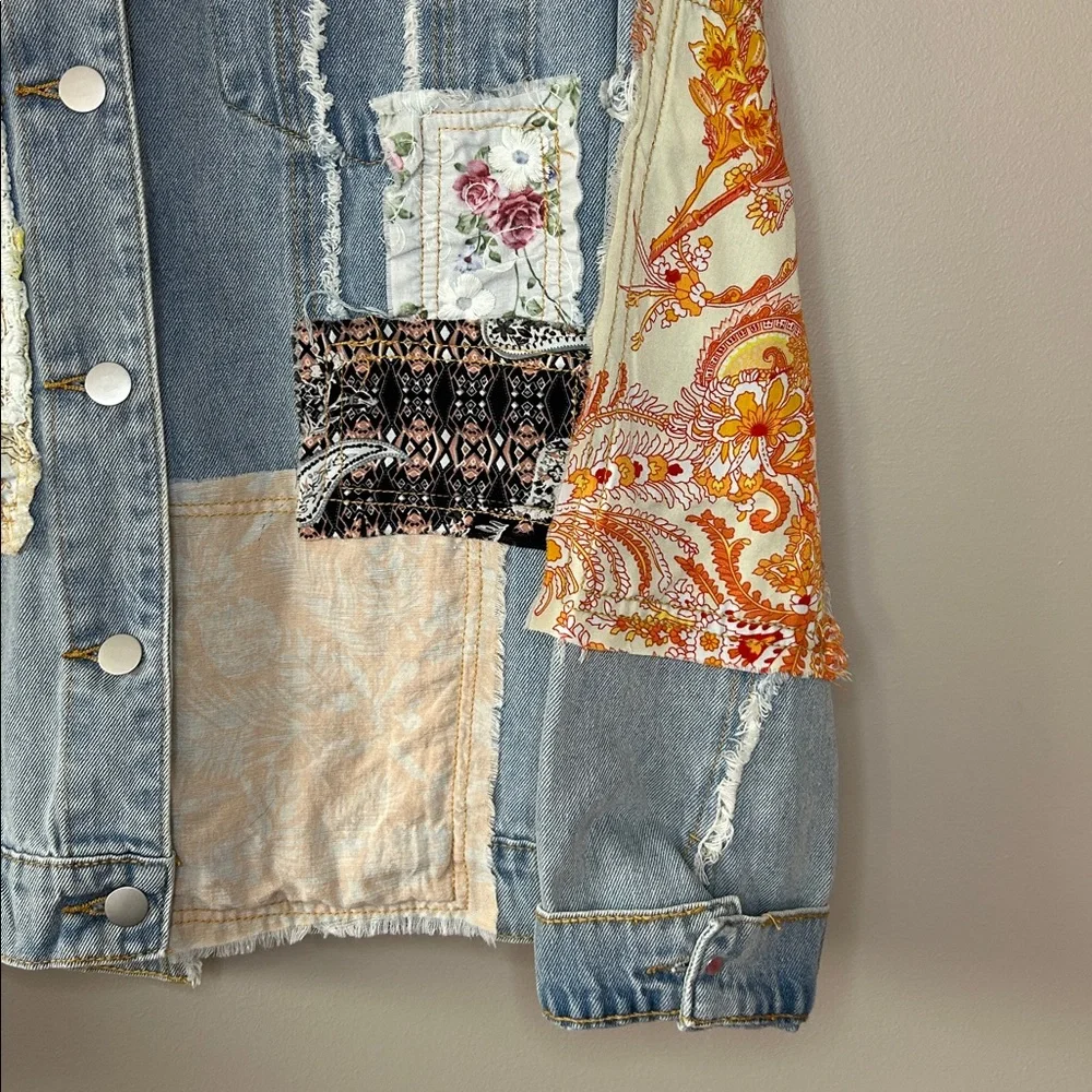 POL Oversized Patchwork Denim Jean‎ Jacket Size Medium Boho Vintage - Picture 3 of 9